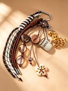 Vintage Leopard Bag Charm Keychain, Boho Braided Rope Bag Pendant With Heart, Eyeglasses & Flower Charms, Y2K Retro Bag Accessories Gift For Women - Multicolor - View 11