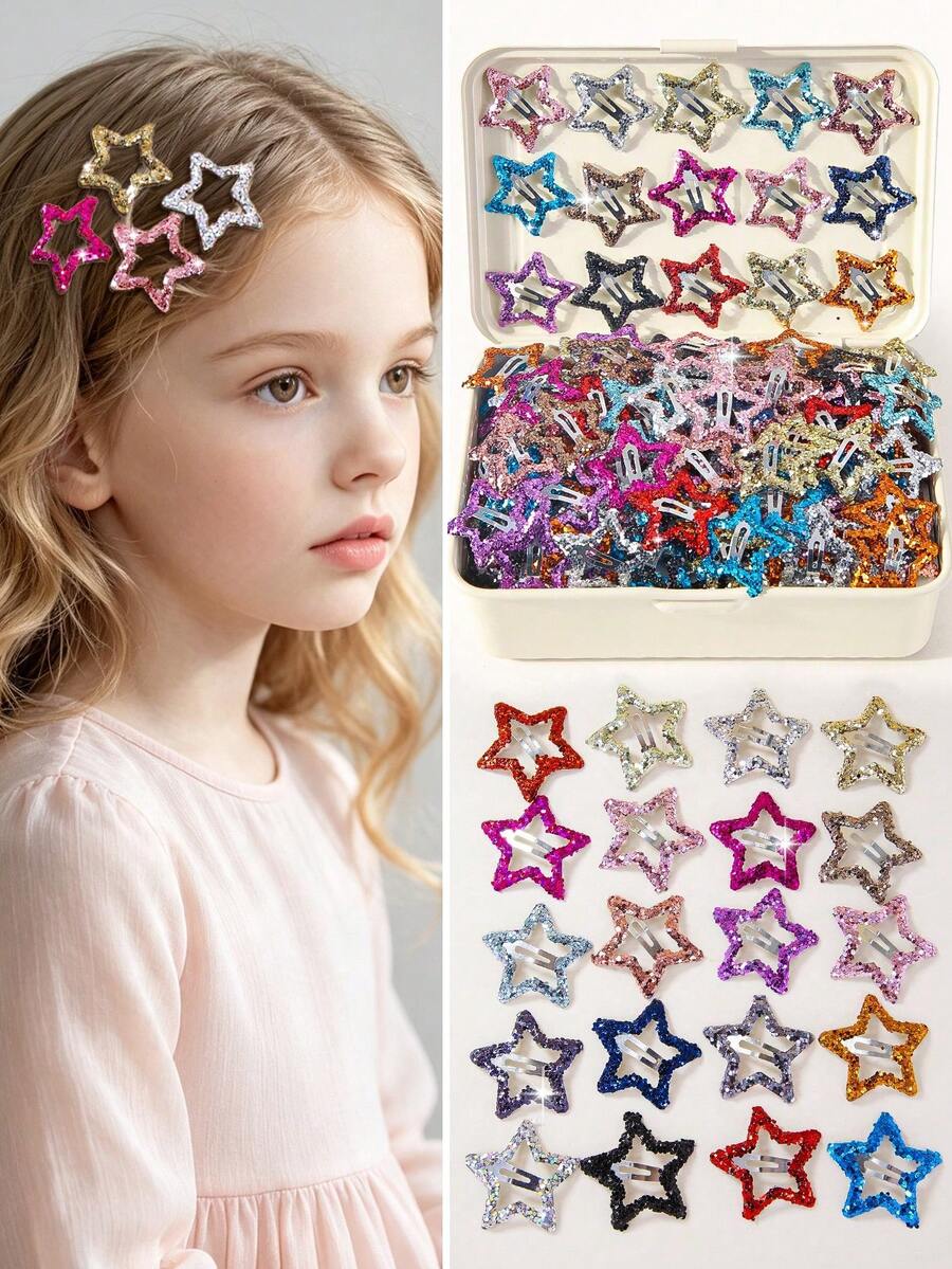 30pcs/Set Girls' Gold & Silver Glitter Star/Pentagram Random Style Cute Simple Barrettes Hair Clips For Bangs, Suitable For Daily Use - Multicolor - View 1