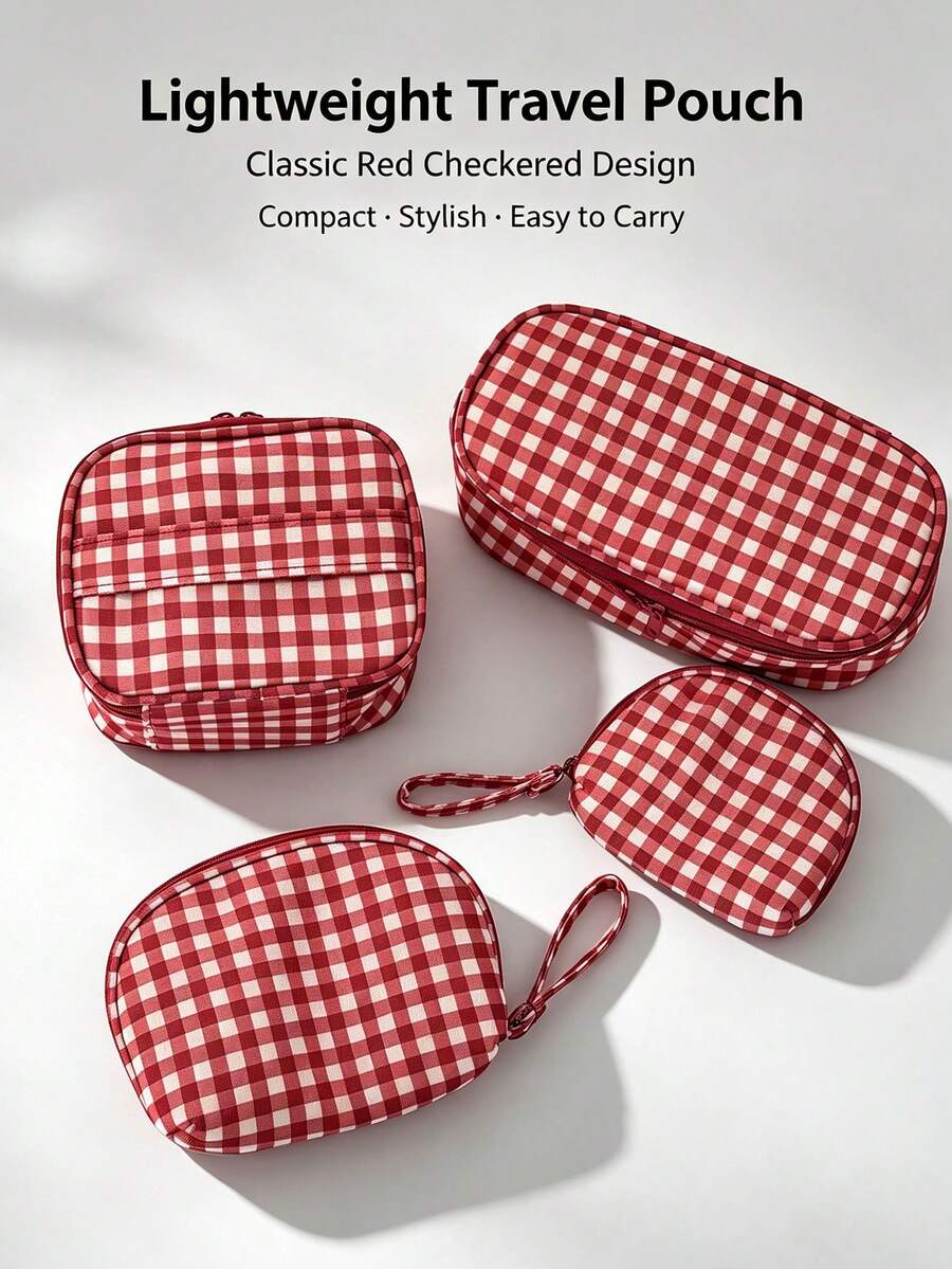 Portable Travel Makeup Bag - Classic Red Plaid Design - Fashionable Design - Easy To Carry - Multi-Functional Portable Storage Bag - Lipstick And Eyebrow Pencil Storage Bag - Makeup Storage Bag - Multicolor - View 1