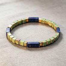 Lapis Lazuli Green Stone Cube Bracelet, Gold Spacer Elastic Stretch Bracelet, Vintage Style Jewelry Gift For Men And Women - Multicolor - View 4
