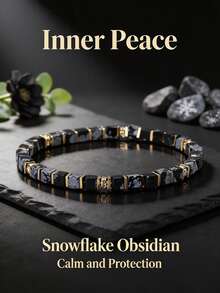 Snowflake Obsidian Square Bead Bracelet With Gold Spacer And Micro-Inlaid Rhinestones, Elastic Stretch Bracelet, Unisex Jewelry Gift - Multicolor - View 1