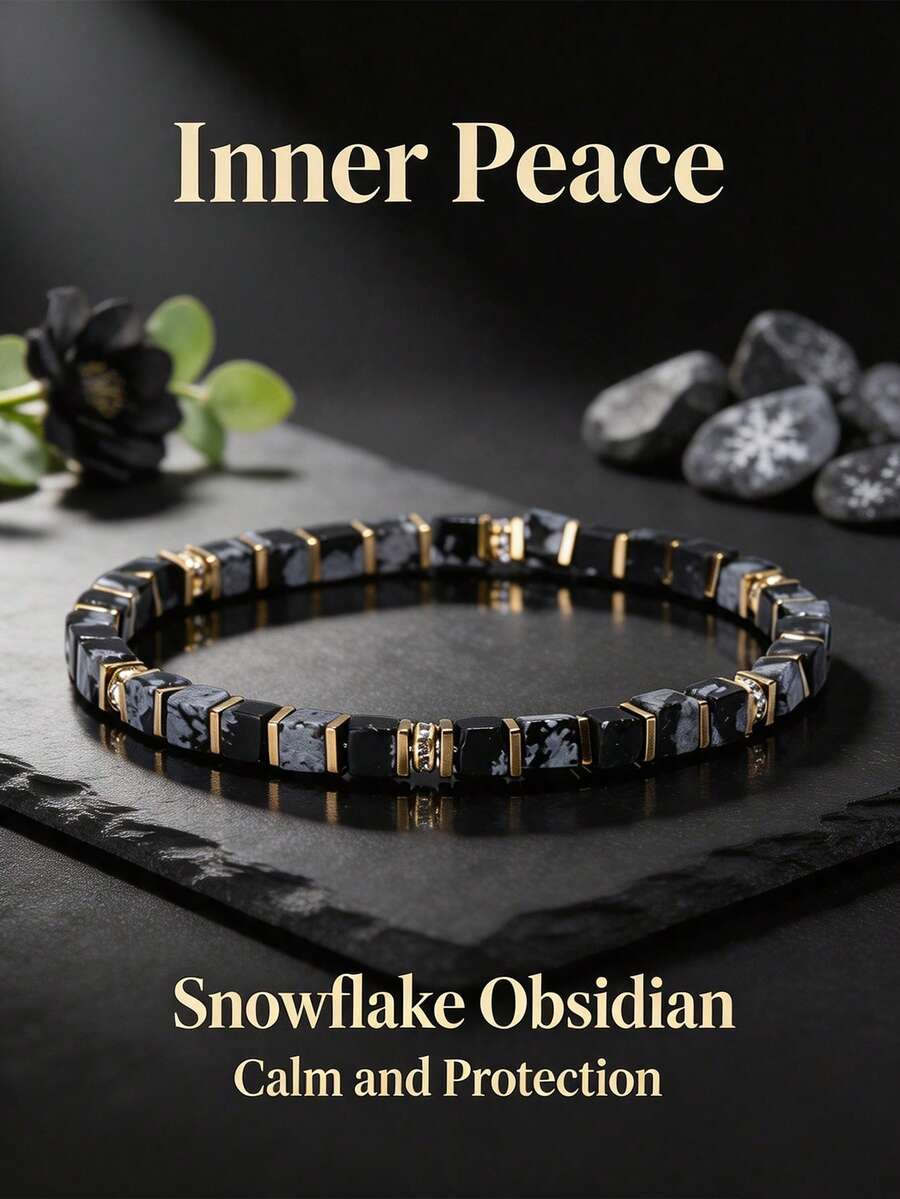 Snowflake Obsidian Square Bead Bracelet With Gold Spacer And Micro-Inlaid Rhinestones, Elastic Stretch Bracelet, Unisex Jewelry Gift - Multicolor - View 1