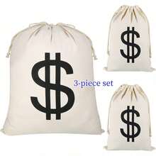 3pcs Canvas Natural Money Bags With Drawstring Closure And Dollar Sign Design, Suitable For Toy Party Gifts, Bank Robbery Cowboy Pirate Theme, Handbag Pouch - Multi-color - View 1