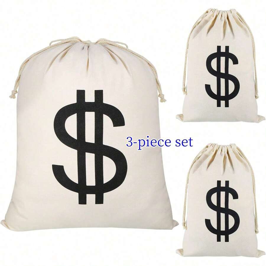 3pcs Canvas Natural Money Bags With Drawstring Closure And Dollar Sign Design, Suitable For Toy Party Gifts, Bank Robbery Cowboy Pirate Theme, Handbag Pouch - Multi-color - View 1