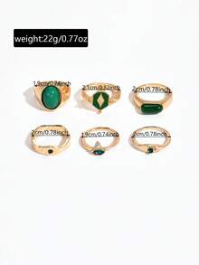 6pcs Emerald Green Luxury Elegant Versatile Stackable Crown Design High-End Rings For Women - Golden Yellow B - View 4