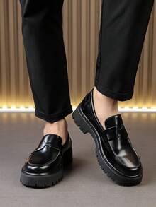 Men's Minimalist Thick Sole Slip-On Loafers, Comfortable Business Casual Daily Wear Shoes - Black - View 10