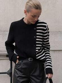 2026 Autumn/Winter Women's New Striped Patchwork Thick Sweater With Buttons - Black and White - View 3