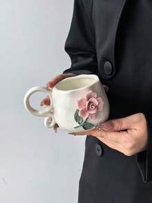 1pc Handmade Ceramic Mug With 3D Embossed Floral Design, Ins Style Creative Artistic Coffee Cup For Afternoon Tea And Coffee Brewing, Dishwasher - Multicolor - View 10