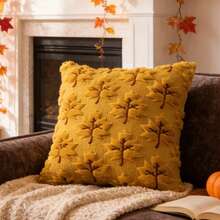 1pc 17.7x17.7 Inch 3D Maple Leaf Quilted Loop Plush Pillow Cover, American Countryside Autumn Harvest Faux Fur Cushion Cover, Thanksgiving Fall Decor For Living Room Sofa Bedroom, Pillow Insert Not Included - Ginger - View 6