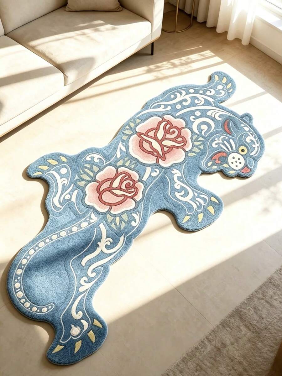 1件裝復古美式藍色豹紋紅鐵血玫瑰圖案地墊,仿羊絨300材質,小地毯迎賓墊,室內外門墊,廚房地墊 - 藍色 - 查看 1