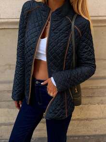 Giolshon 女款街頭風休閒連帽填充夾克外套，附口袋，輕量絎縫填充外套，適合春/秋/冬日常穿著 - 藏蓝色 - 查看 10