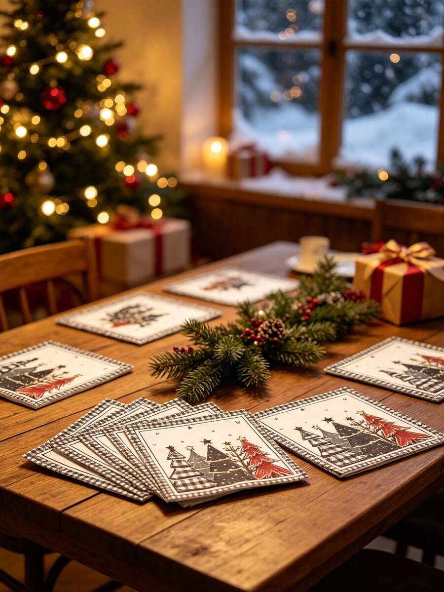 20pcs/1pc Black And White Checkered Christmas Tree Pattern Napkins - Suitable For Christmas Party Table Decorations, Christmas Dinners, New Year's Parties, Thanksgiving, Birthday Parties, Winter-Themed Parties, Etc. - One Size Fits All - View 1