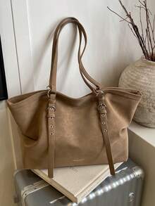 Large Capacity Tote Bag, Retro Style Faux Leather Handbag With Front Pocket For Work & Travel - Brown - View 3