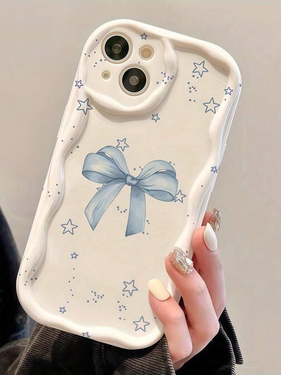 1pc Cream Wavy Edge Phone Case, Beautiful Light Blue Bow & Star Graffiti Wavy Edge Phone Case, Soft TPU Shockproof Anti-Drop Protective Phone Cover, Compatible With Apple 11, 12, 13, 14, 15, 16, 17 Pro Max. Beautiful Phone Case Suitable For Women And Girls, Compatible With Galaxy, Honor, Phones - White - View 1