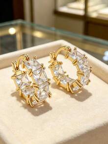 1 Pair Luxury Cubic Zirconia Square Earrings, Elegant Personalized Earrings Suitable For Women's Daily Wear - Silver - View 2