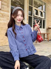 Blus Wanita Motif Kotak-kotak Gaya Korea dengan Kancing dan Hiasan Rumbai - Biru - View 6
