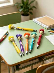 1/4/5pcs Creative Multicolor Cute Smiling Face Plush Head Ballpoint Pens, Personalized Back To School Gift Pens - Multicolor - View 3