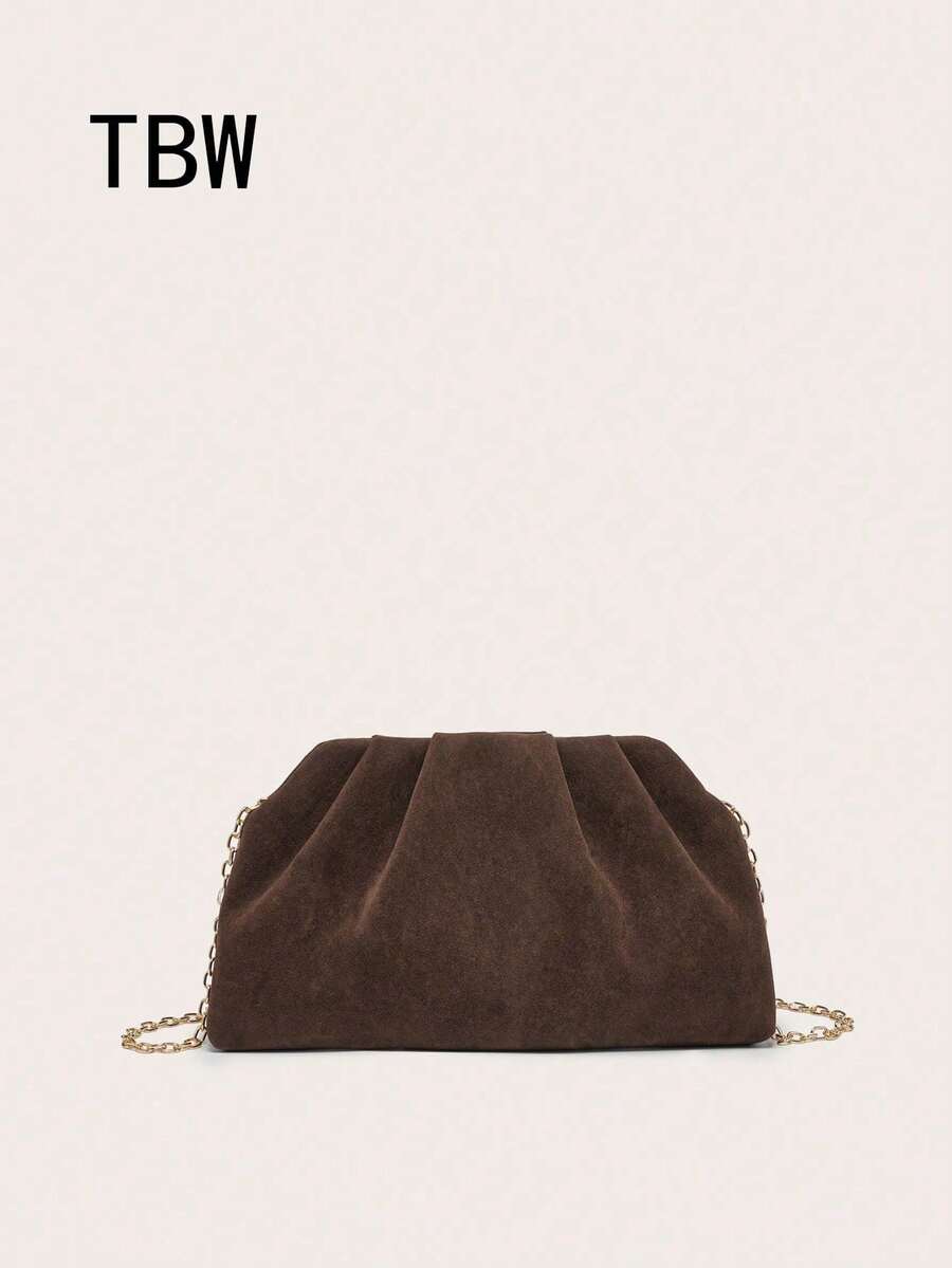 Women's Square Crossbody Bag, Pleated Silk Satin Texture, Lightweight & Fashionable, Metal Chain Strap, Suitable For Evening Outings And Shopping - Coffee - View 1
