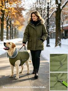 Metglad Dog Winter Padded Coat, Thermal Lined Thickened Pet Cold-Proof Coat, Foldable Plush Stand Collar, With Hidden Leash Hole And Adjustable Drawstring, Comfortable And Non-Restricting, Suitable For Indoor And Outdoor Use For Large, Medium And Small Dogs Snow Suit - Army Green - View 3