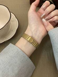 1件裝橢圓形復古風金色竹節錶帶石英女錶，優雅精緻，適合日常佩戴、生日禮物與派對 - 金色 - 查看 5
