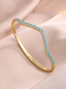 rakol 1pc Elegant V-Shaped Wavy Blue-Grey Synthetic Stone Inlaid Snap Bracelet, Suitable For Women's Daily Layering Accessory - V-shaped Wave - View 2