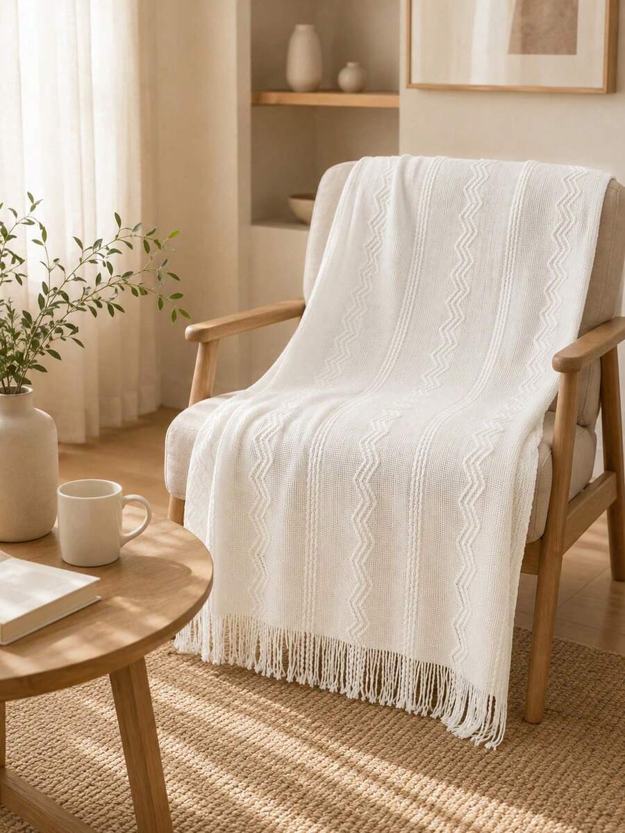 1pc Wavy Pattern Acrylic Knit Blanket, Nordic Style Rectangular Tassel Solid Color Sofa Throw Bed Decorative Blanket Nap Blanket - Vertical Stripes Three Bend Beige - View 1