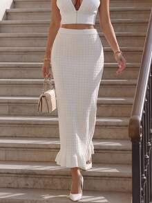 DONICY Women Elegant Outfit Autumn High Waist Textured Knit Midi Skirt, Bodycon Pencil Skirt With Ruffle Hem - White - View 6