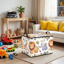 1pc Cute Jungle Wild Animal Print Fabric Storage Box, Foldable Zipper Storage Bin With Dual Handles, Suitable For Wardrobe And Bedroom Shelf Home Storage Container - Multicolor - View 4