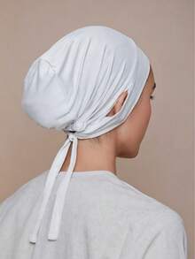 1 pieza Gorro de Hijab para mujeres árabes de Oriente Medio, color liso, seda algodón modal elástico con cordón ajustable, gorro interior para pañuelo que deja las orejas al descubierto, para uso diario - color blanqueado - Ver 3