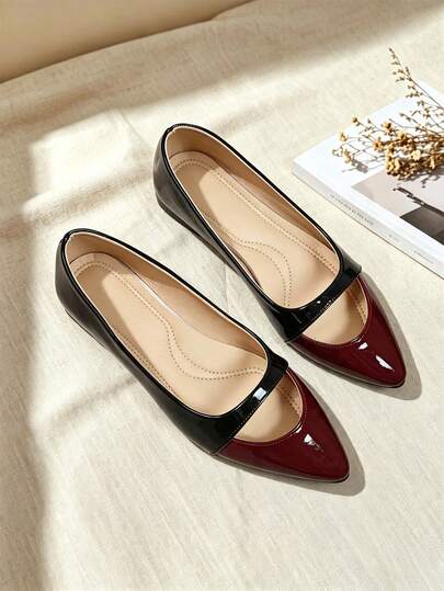 Women's Glossy Solid Color Wide Strap Patchwork Pointed Toe Flat Shoes, Commuter Style Black & Burgundy Dual-Tone Composite Leather Slip-On Loafers