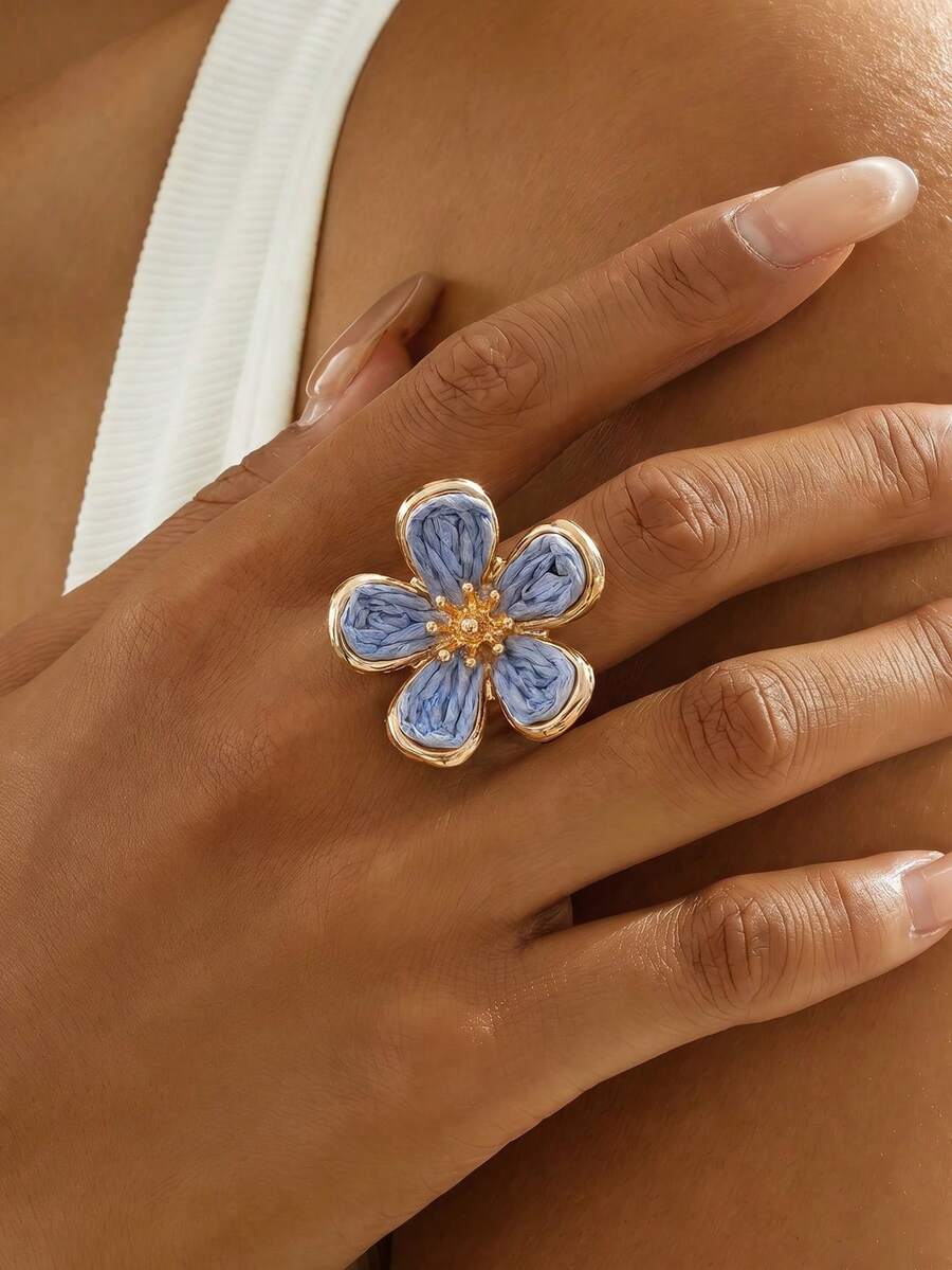 1pc Bohemian Style Blue Flower Woven Adjustable Ring, Suitable For Women Beach Outings And Daily Wear, Matches Clothes - Blue - View 1