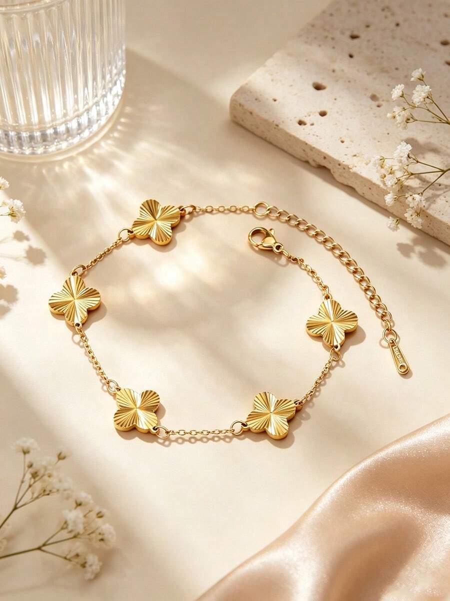 1pc Elegant Style Four-Leaf Clover Stainless Steel Chain Bracelet For Women, Suitable For Daily Wear/Holiday Gift - Yellow Gold - View 1