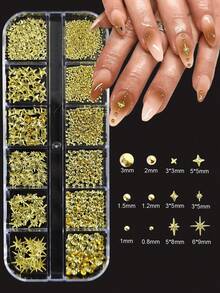 12-Grid Mixed 3D Metal Caviar Beads Nail Art Decoration Set (Stars & Metal Rivets), Cool Punk Y2K Style Rhinestone Nail Art Decor, Suitable For DIY Nail Art & Handmade Decoration - Gold - View 3