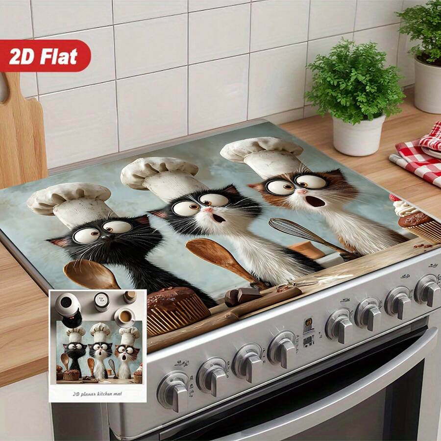 1pc Cat Chef Pattern, 2D Printed Flat Stove Protector Mat, Rubber Non-Slip Heat-Resistant Stove Cover Pad, Suitable For Induction Cooktop, Glass Stove, Multi-Functional Scratch-Resistant Mat, Best Choice For Oven, Washing Machine, Dryer, Kitchen Decoration. - Multicolor - View 1