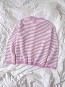 Plus Size Women's Thick Knit Cardigan Sweater, Striped Color Block Loose Casual, Small Round Neck Single-Breasted, Suitable For Autumn/Winter - Pink - View 8