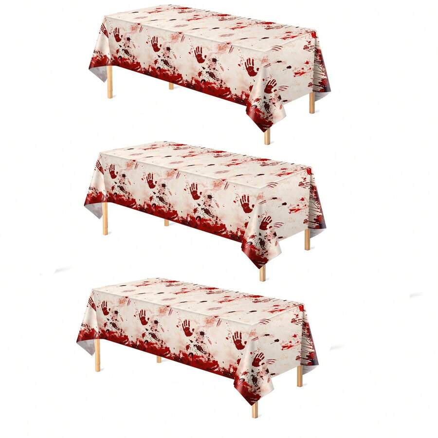 1pc/3pcs Halloween Bloody Handprint Theme Disposable Plastic Tablecloth, Suitable For Halloween Party, Escape Room Theme Gathering, Haunted House Event, Outdoor Picnic Party Decoration 137*274cm - Multicolor - View 1