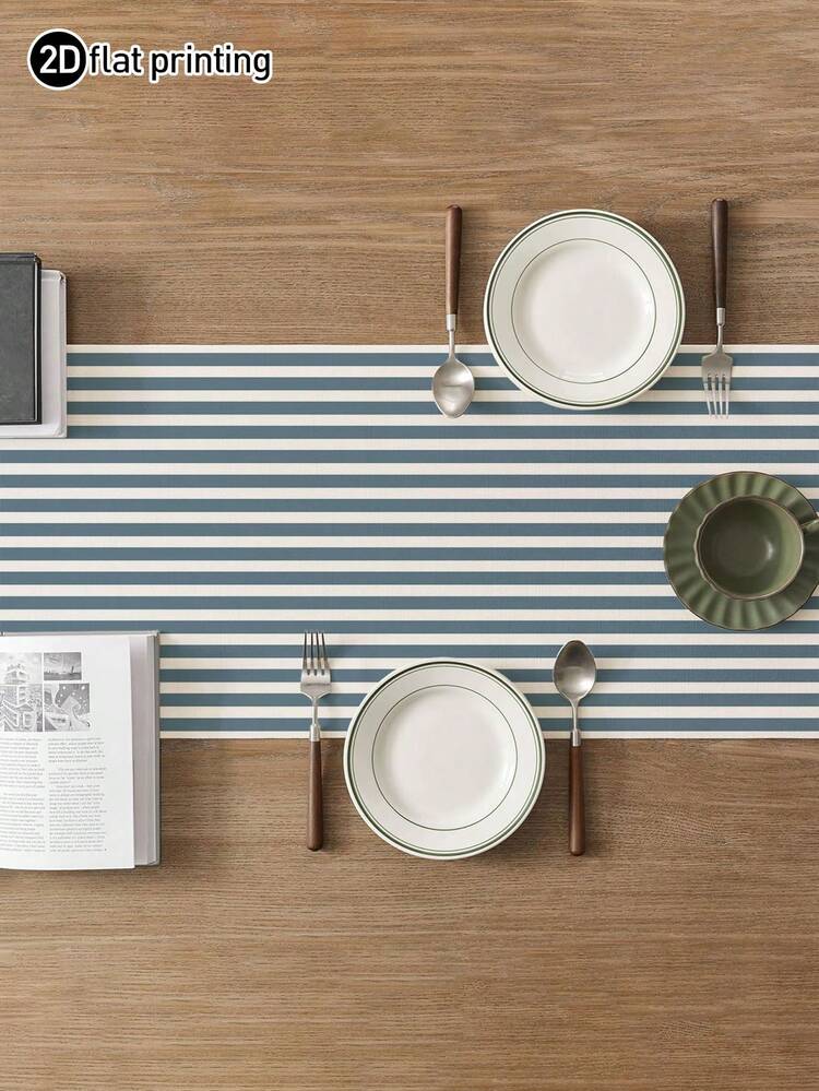 1pc,Minimalist Striped Table Runner,Microwave Dust Cover,Protective Cover,Rectangular Tablecloth,Washable,Suitable For Home Dinner,Coffee Table,Kitchen And Dining Room Decor,Dining Table Decoration Party And Scene Decoration,Home Decor,Outdoor Patio Table Runner Decoration,Entryway Decoration,Fireplace Cloth - Retro Dark Blue - View 2