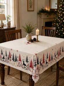 1pc Cream Winter Forest Tablecloth, Minimalist Polyester Rectangular Tablecloth With Reindeer Silhouette, Snowflake, Tree And Moon Pattern, Suitable For Kitchen Decor, Home Decor, Room Decor, Christmas Home Decor And Classroom Decor - Multicolor - View 20