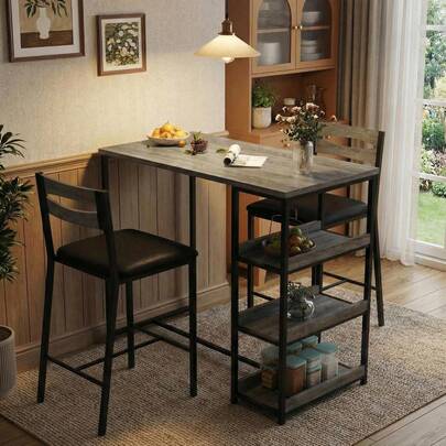 Juego de Mesa de Cocina de 3 Piezas con estantes de Almacenamiento y 2 taburetes de Bar, Mesa de Comedor de Hierro y Madera para Espacios pequeños, Apartamentos, condominios, Gris