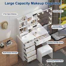 Teousev Dressing Table With LED Lights Mirror & Stool, Vanity Makeup Table With 5 Drawers, Open Storage Shelves, 3 Colour Adjustable Light, Lockable Drawers, White Cosmetic Desk For Bedroom - White - View 2