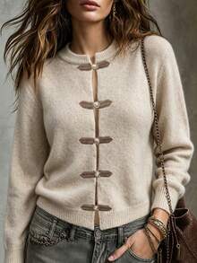 MORI Autumn/Winter Y2K Elegant Oatmeal Beige Round Neck Button-Up Long Sleeve Knit Cardigan Sweater For Women, Suitable For Outings, Parties, Vacation Wear - Apricot - View 8
