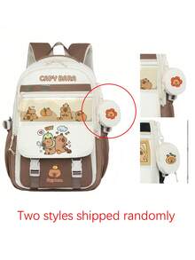1pc Cute Capybara Colorblock Backpack, Lightweight Multi-Compartment Student Bag, Can Hold Textbooks, Laptop And Umbrella, Unisex - Brown - View 6
