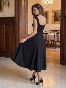 QUNGIGU Elegant Women's Dress Square Neck Long A Line For Wedding Guest Cocktail Party Evening Wear - Black - View 4