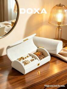 DOXA Hidden Magnetic Closure Leather Travel Jewelry Organizer Box With Ring Slots, Scratch-Resistant Portable Jewelry Storage Box - Beige - View 1
