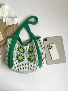 女款針織鏤空花卉圖案柔軟面料單肩手提包，休閒日常夏季海灘購物包 - 綠色 - 查看 7