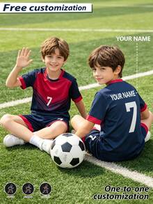 [Customized]Personalized Name Customization Celebrity Style No. 7 Number 2pcs Boys Girls Casual Soccer Uniform Set # -Round Neck-Short Sleeve And Shorts Set- Polyester, Back To School Season Suitable For -Sports -Training And Casual Wear, Outdoor Perfect Choice - Navy Blue - View 3