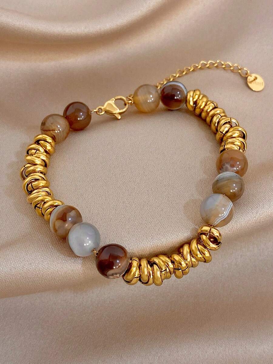 Vòng tay chuỗi xoắn hạt đá tự nhiên phong cách Boho vintage bằng thép không gỉ, trang sức vàng cho nữ, tiệc tùng, hàng ngày, quà tặng Giáng Sinh/Mùa thu/Rave/Sinh nhật/Halloween - Nhiều màu - Xem 1