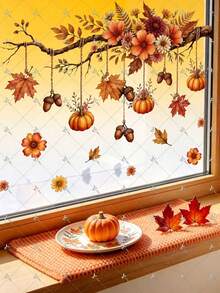 1pc 2D Flat Printed Pumpkin Acorn Flower Autumn Hanging Branch 11.81*17.72 Inch Window Sticker, Creative Self-Adhesive Removable Double-Sided Visible PVC Decorative Sticker - D - View 3