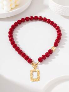 Rose Red Acrylic Beaded Necklace With Hammered Hollow Rectangular Metal Pendant - Hot Pink - View 4