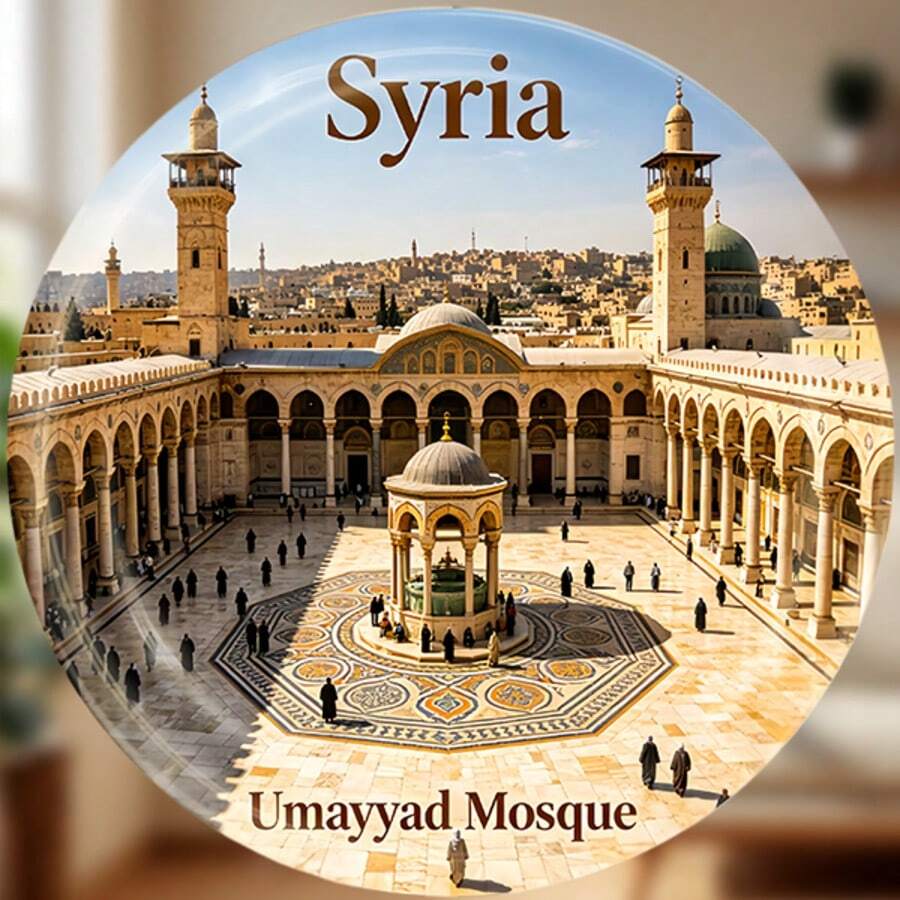 Umayyad Mosque Damascus Courtyard Arches And Twin Minarets Under Azure Skies Magnet Where Ancient Prayers Rest In Quiet Harmony Keepsake For All Metal Surfaces Throughout The Home - A - View 1